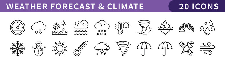 Weather Forecast and Climate Icons Set, A collection of 20 icons representing weather forecasts and climate, including sun, rain, snow, clouds, and storm symbols.
