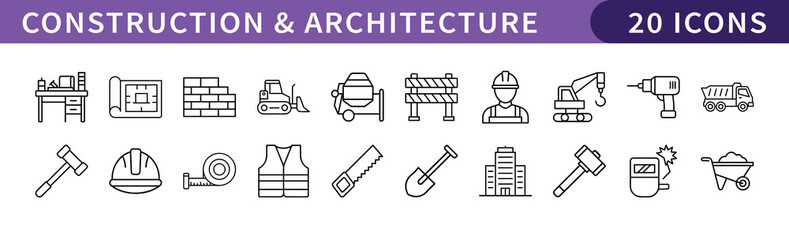 Construction and Architecture Icons Set, A collection of 20 icons featuring construction and architecture tools, including hammers, hard hats, bricks, and building equipment.
