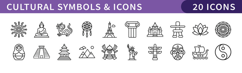 Cultural Symbols and Icons Set, A collection of 20 icons representing various cultural symbols, including monuments, rituals, and traditional motifs from diverse cultures.
