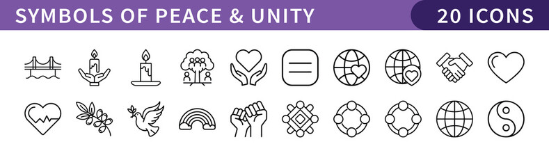 Symbols of Peace and Unity Icons Set, A collection of 20 icons representing symbols of peace and unity, including peace signs, hearts, equality, and global unity.
