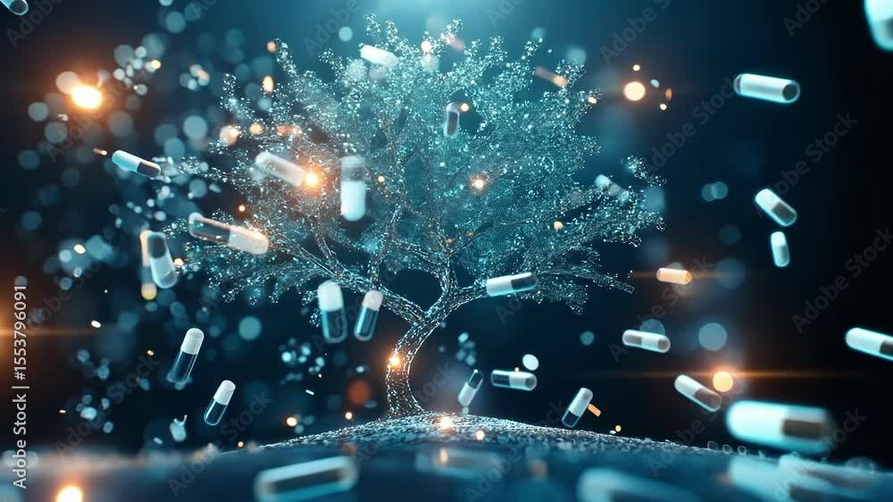 Poster a visual cascade of holographic pills morphs into a tree of life symbolizing growth and health flour