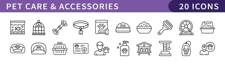 Pet Care and Accessories Icons Set, A collection of 20 icons featuring pet care and accessories, including pet beds, toys, grooming tools, and pet carriers.
