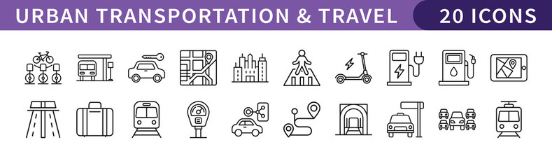 Urban Transportation and Travel Icons Set, A collection of 20 modern icons representing urban transportation and travel, including vehicles, public transit, and travel-related elements.
