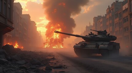 Military tank on the street among the ruins of the ruined city on the background of a powerful explosion, fire and puffs of smoke