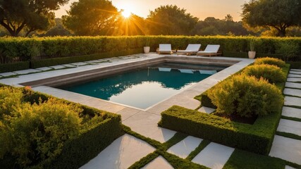 Serene Sunset Over a Tranquil Pool Surrounded by Lush Greenery in a Beautifully Landscaped Garden