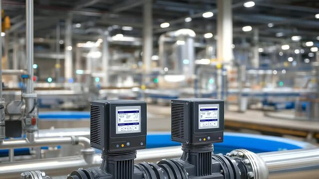 Detailed shot of heavy-duty pumps with digital sensors and gauges, surrounded by thick pipelines, illustrating automated monitoring and optimization of wastewater flow.