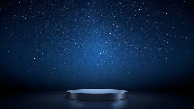 Empty metallic podium on a dark reflective surface under a starry night sky