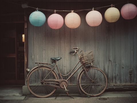 stylish retro bike standing below row of chinese lanterns in china old town