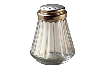 Glass salt shaker with metal cap and salt crystals isolated on transparent background