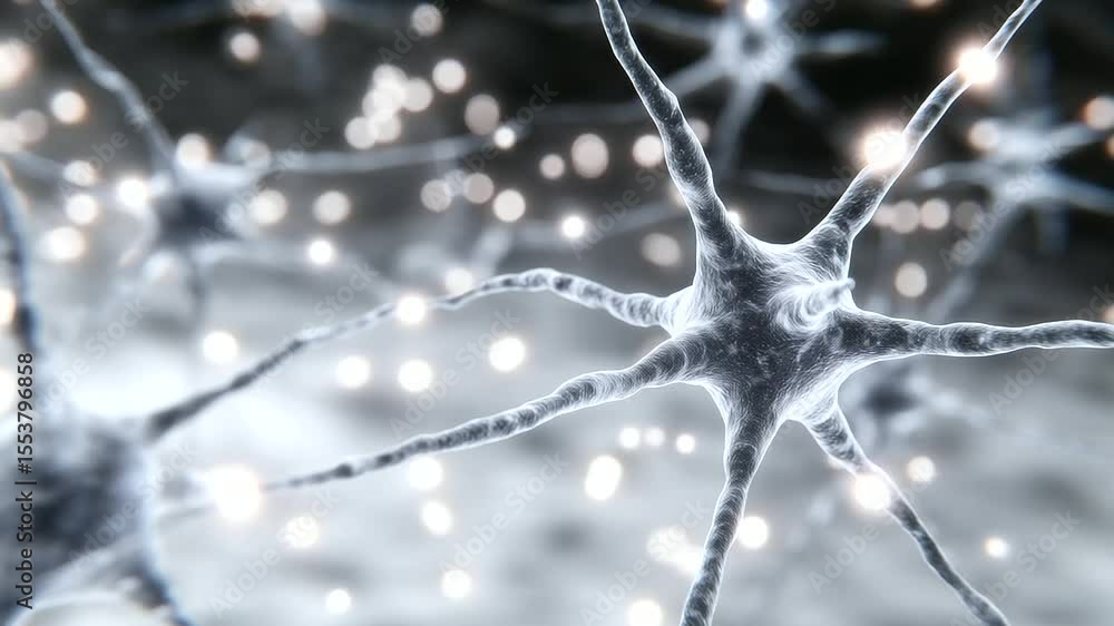 Poster d rendering of neuron cells intertwined in a mesh of dendritic and axonal links. the white backgroun