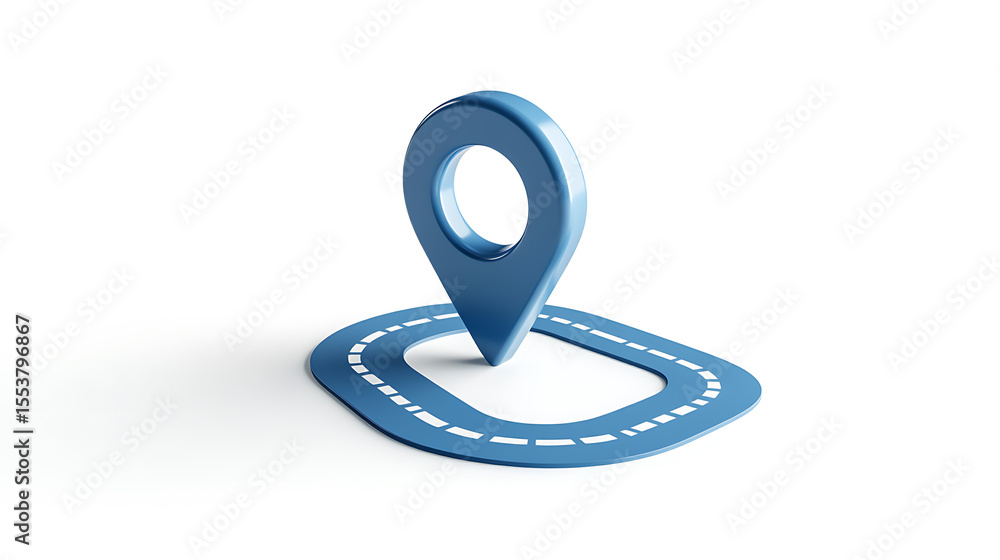 Aufkleber 3d rendering of a blue location pin on a road icon. the pin marks a specific point on a route, symbo