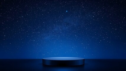 Empty dark blue podium against a starry night sky background with subtle lighting