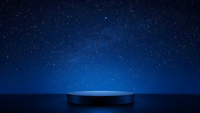 Empty dark blue podium against a starry night sky background with subtle lighting