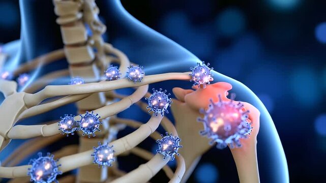 D cutaway visualization of the shoulder girdle, showing joint capsule, bursa, and bone alignment. Educational emphasis on pain sites and cartilage degeneration. Presented in a cla