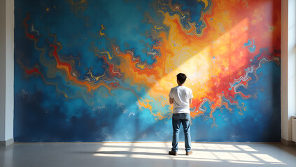 Fototapeta premium Colors in Contemplation: Man vs. Mural in Morning Light