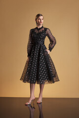Fashion model wearing a black polka-dot sheer midi dress with lace accents and transparent sleeves,...