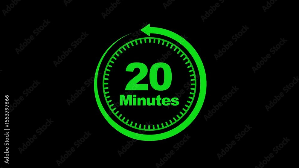 Poster clock 20 minutes icon, clock timer passage waiting time animation isolated on black background anima