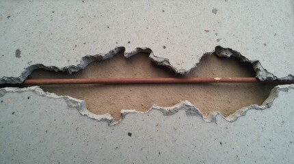 Broken concrete slab with exposed pipe creating a rough texture on surface