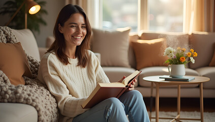 Obraz premium Smiling in Serenity: A Woman's Cozy Afternoon Setting