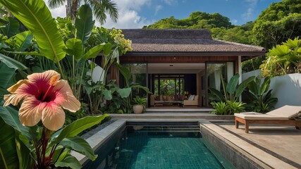 Luxurious Tropical Villa With Private Pool Surrounded by Lush Greenery in a Serene Setting at Midday