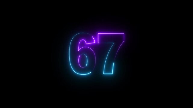 Glowing neon numeric text 67 number countdown icon background 4k animation. Purple and cyan neon font alpha number. Neon number 67 with alpha channel, Energy&nbsp;neon&nbsp;67&nbsp;number.