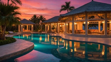 Luxurious Evening at a Tropical Villa With a Glowing Pool and Sunset Skyline in a Serene Paradise Setting