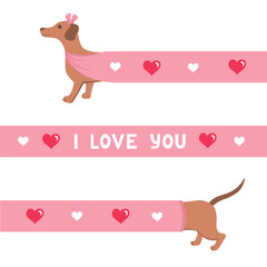 long dachshund, i love you card. Vector Illustration for printing, backgrounds, covers and packaging. Image can be used for greeting cards, posters, stickers and textile. Isolated on white background.