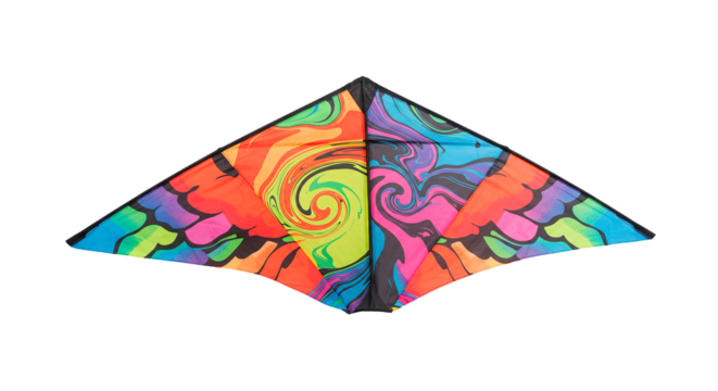 A brightly colored kite with a swirling design ready to take flight.