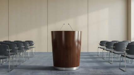 Empty conference room with a wooden podium and rows of chairs ready for presentation