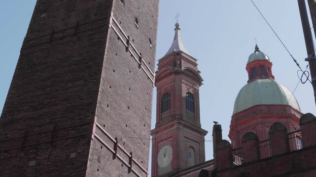 Close up of two towers in Bologna, Italy