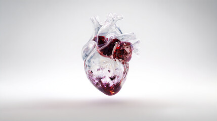 An Abstract 3D Glass Transparent Anatomical Heart Shape Against a White Background