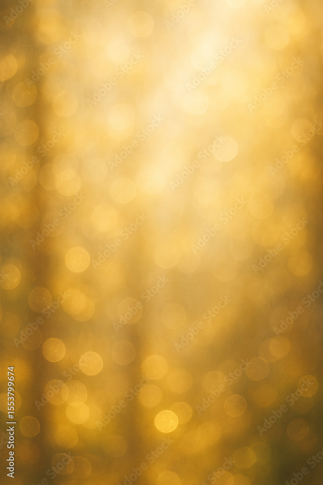 Poster golden bokeh lights shimmer in a soft, blurred forest ambiance, creating a warm, ethereal abstract b