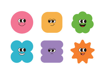 Playful colorful cartoon faces in unique geometric shapes, expressing emotions like joy, calm, and surprise. Great for kids, learning materials, and creative design projects.