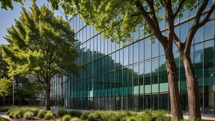 Obraz premium Modern Glass Building Surrounded by Greenery and Trees in a Vibrant Urban Park Setting During a Sunny Day