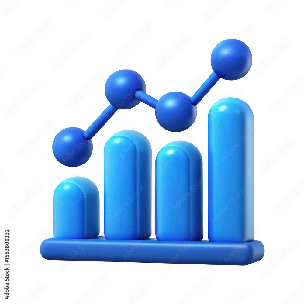 Poster 3d rendered blue bar chart with connecting nodes isolated on transparent background