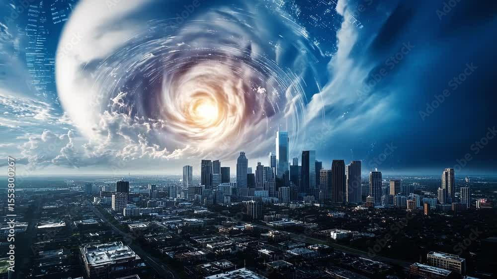 Poster wormhole opening in cloudy sky above city skyline with digital data trails suggesting interstellar t