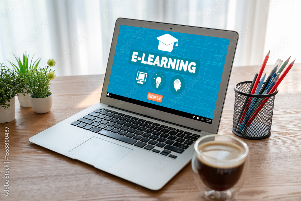 Poster e-learning website with modish sofware for student to study online on the internet network