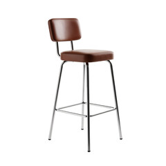 A modern bar stool with a brown leather seat and chrome legs. The stool has a simple design, suitable for contemporary interiors. Transparent background.