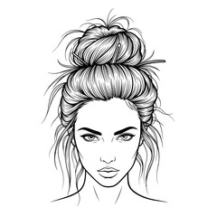 Casual woman with a messy bun hairstyle exuding relaxed charm and natural beauty Messy high bun with flyaway strands and hair sticks