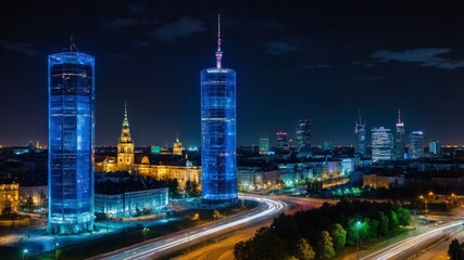 Night Skyline of a Vibrant City Showcasing Illuminated Skyscrapers and Bustling Streets Under a Starry Sky