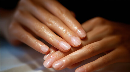 Naklejka premium Close-up of Hands Applying Gel Polish at Home with Nail Tools