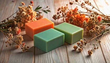 Minimalist arrangement of pastel mint green and peach scented soaps 