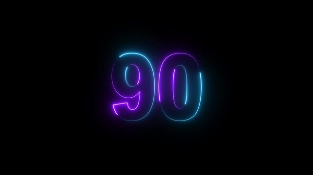 Glowing neon numeric text 90 number countdown icon background 4k animation. Purple and cyan neon font alpha number. Neon number 90 with alpha channel, Energy&nbsp;neon&nbsp;90&nbsp;number.