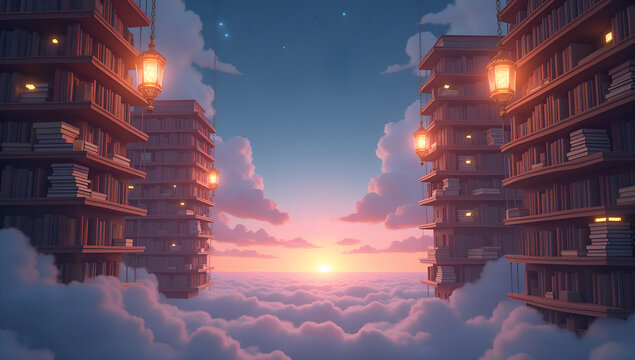 Golden Glow Over a Skyborne Library