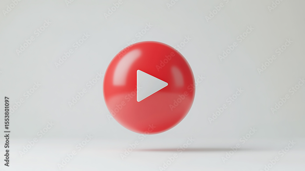 Poster red round play button icon with white arrow on a plain white background, hovering just above the sur
