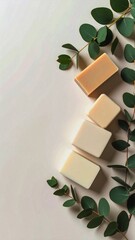 Minimalist pastel flat lay of natural handmade soaps stacked 