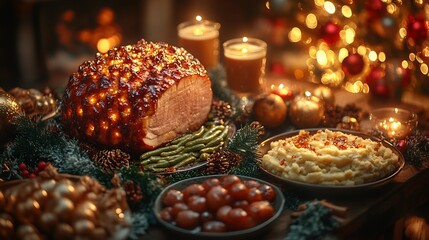 Christmas Eve dinner featuring glazed ham mashed potatoes green bean casserole and eggnog with stockings hung by the fireplace and a glowing tree nearby