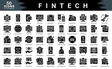 Fintech icon collection. Simple glyph vector illustrations.