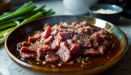 Korean Bulgogi Marinade – Thinly sliced beef rests in a shallow dish of soy sauce, sugar, garlic, and sesame oil marinade, with a sprinkling of sesame seeds
