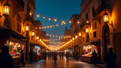 Obraz premium Ramadan Nights: Golden Lanterns and Historic Facades